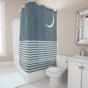 Crescent Moon Ocean Midnight Navi Blue Shower Curtain