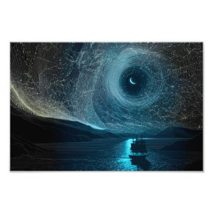 Crescent moon over a sailing ship, rocky coast photo print