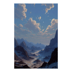Crescent Moon Over Misty Mountain Valley Poster
