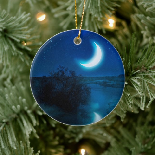 Crescent moon over river in valley ceramic tree decoration (Tree)