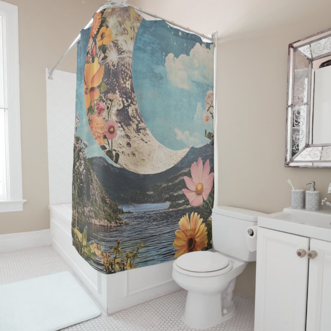 Crescent Moon Over Serene Landscape Shower Curtain (In Situ)