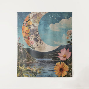 Crescent Moon Over Serene Landscape Tapestry