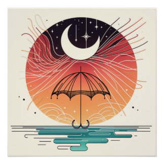 Crescent Moon Over Umbrella with Star Rain Poster