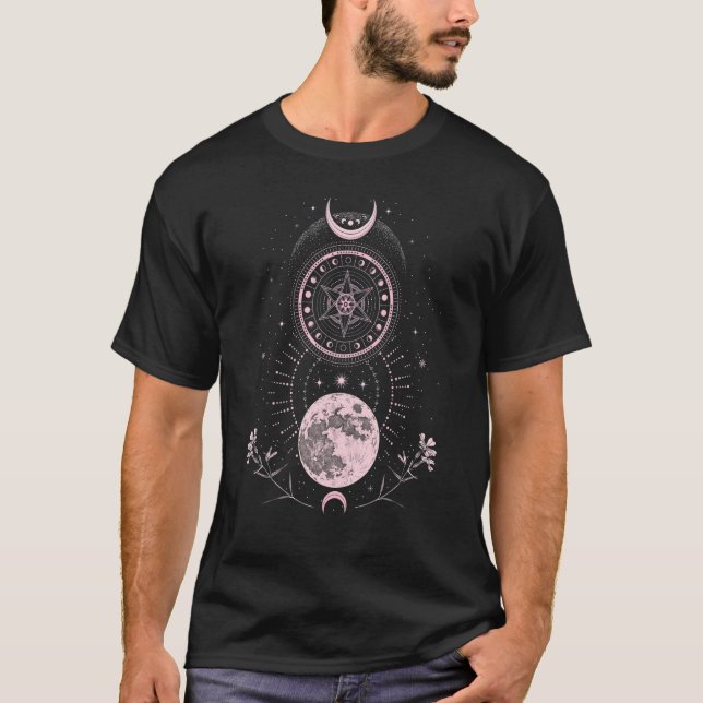 Crescent Moon Phases Pink Boho T-Shirt (Front)