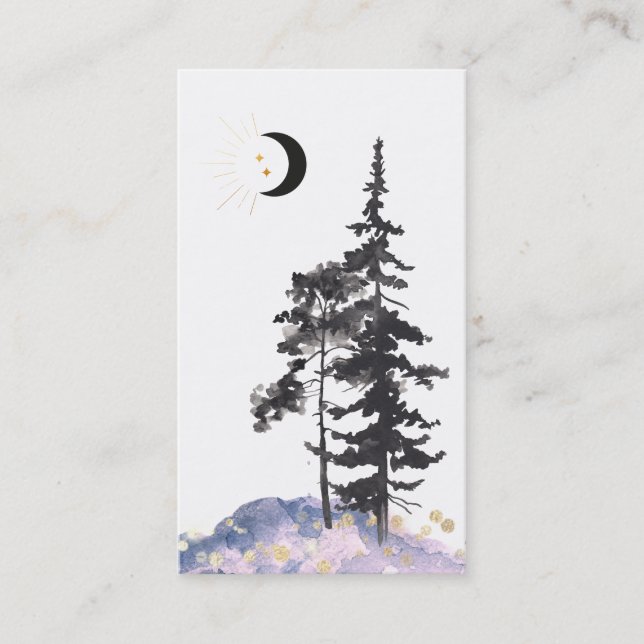 *~*  Crescent Moon Pine Trees Gold Stars Glitter Business Card (Front)
