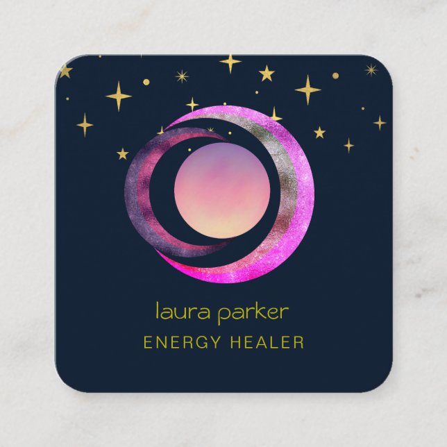 Crescent Moon Purple Mystic Boho Cosmic Sky Square Business Card (Front)