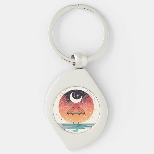 Crescent Moon Rain Boho Line Art Charm Key Ring (Front)