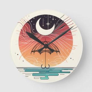 Crescent Moon Rain Boho Line Art  Round Clock
