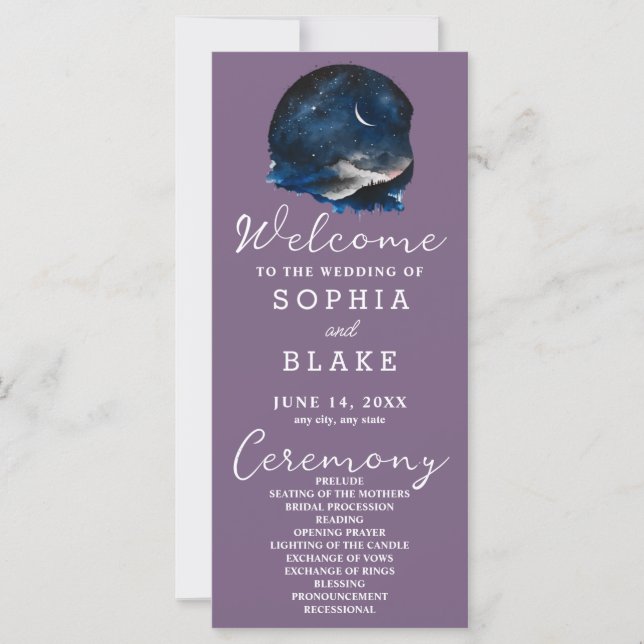 Crescent Moon Starlit Sky Purple Wedding Program (Front)