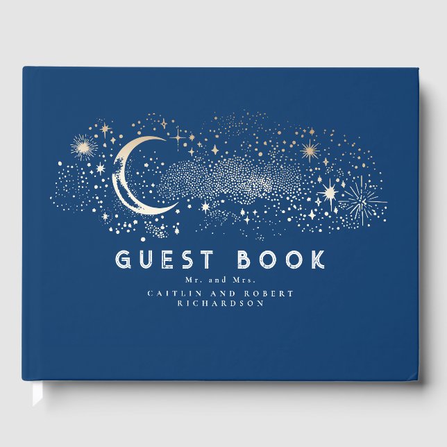 Crescent Moon Starry Night Celestial Wedding Guest Book (Front)