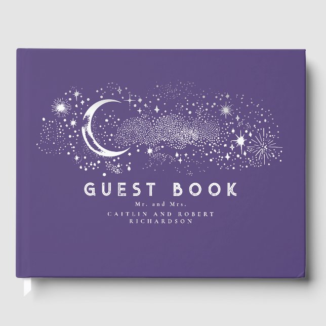 Crescent Moon Starry Night Celestial Wedding Guest Book (Front)