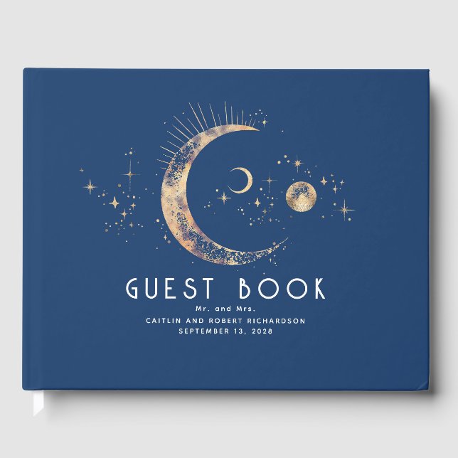 Crescent Moon Starry Night Celestial Wedding Guest Book (Front)