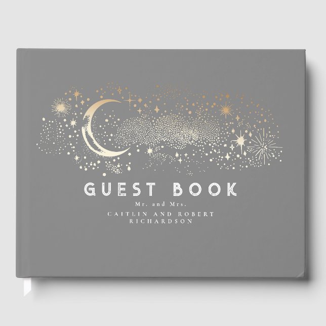 Crescent Moon Starry Night Celestial Wedding Guest Book (Front)