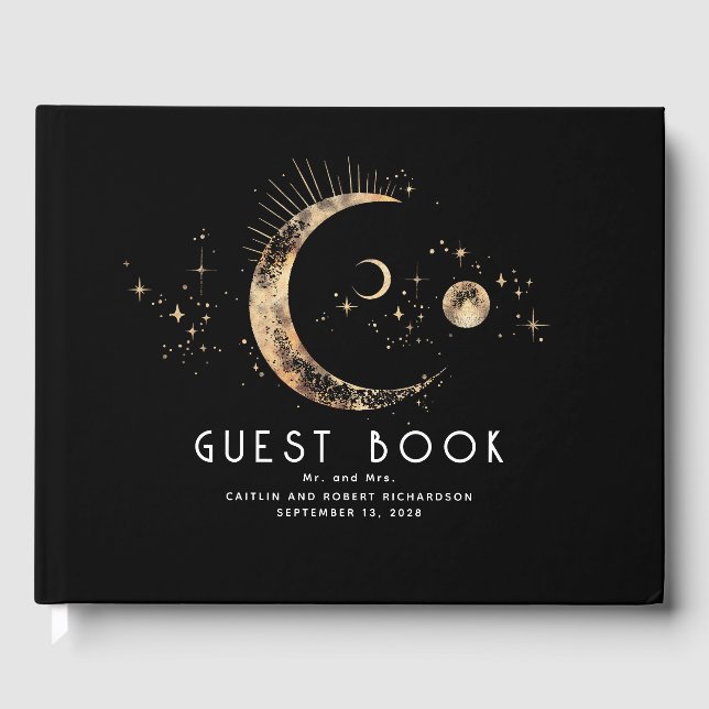 Crescent Moon Starry Night Celestial Wedding Guest Book (Front)