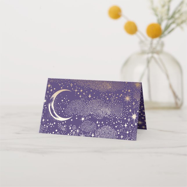 Crescent Moon Starry Night Celestial Wedding Place Card (Back)