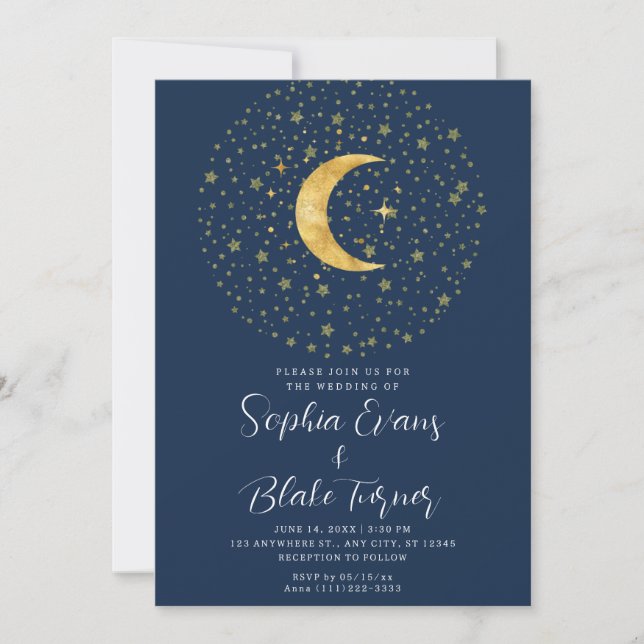 Crescent Moon Starry Night Navy Blue Wedding Invitation (Front)