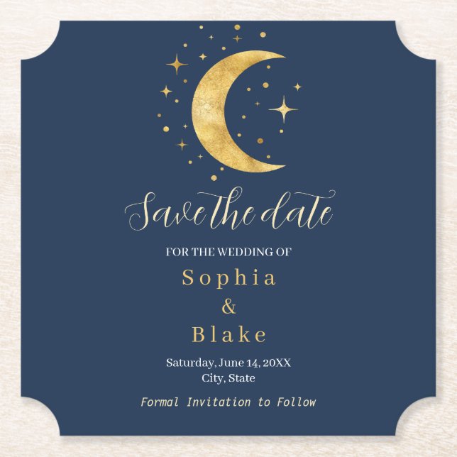 Crescent Moon Starry Night Navy Save the Date Paper Coaster (Front)