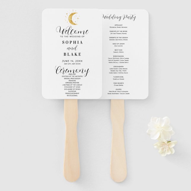 Crescent Moon Starry Night White Wedding Program Hand Fan (Front and Back)