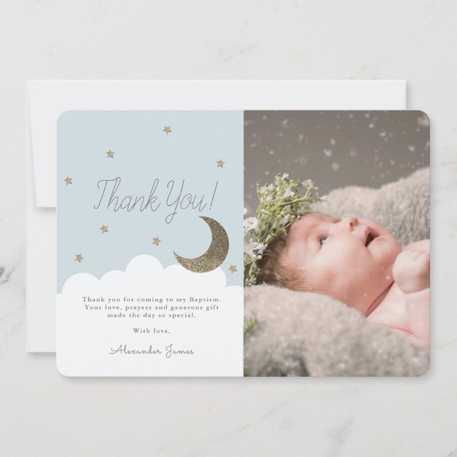Crescent Moon & Stars Baby Blue Boy Photo Thank You Card (Front)