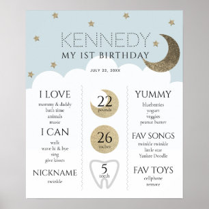 Crescent Moon & Stars Blue 1st Birthday Milestone Poster