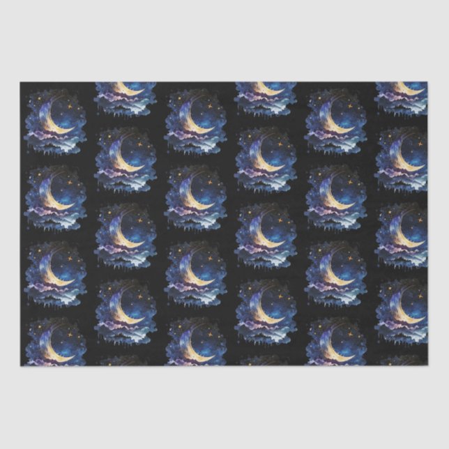 Crescent Moon Stars Celestial Black Halloween Tissue Paper (Front)