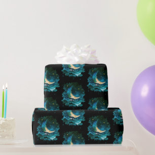 Crescent Moon Stars Celestial Black Halloween Wrapping Paper