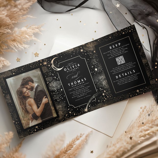 Crescent Moon Stars Celestial Black Wedding Photo Tri-Fold Invitation (Celestial Night Sky Black Wedding Tri-fold Photo Invitations)