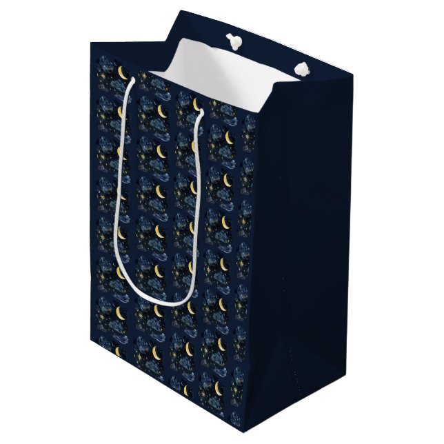 Crescent Moon Stars Celestial Blue Halloween Medium Gift Bag (Front Angled)
