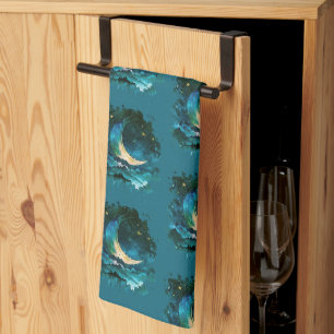 Crescent Moon Stars Celestial Blue Halloween Tea Towel