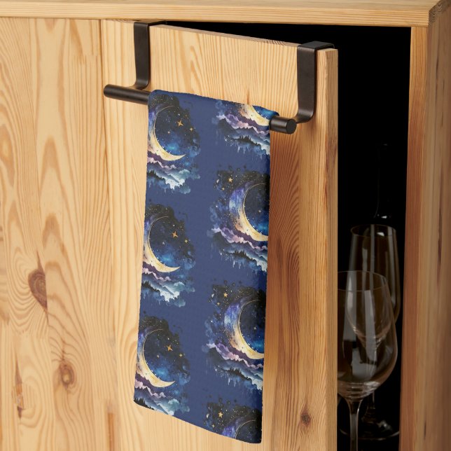Crescent Moon Stars Celestial Blue Halloween Tea Towel (Thirds Fold)