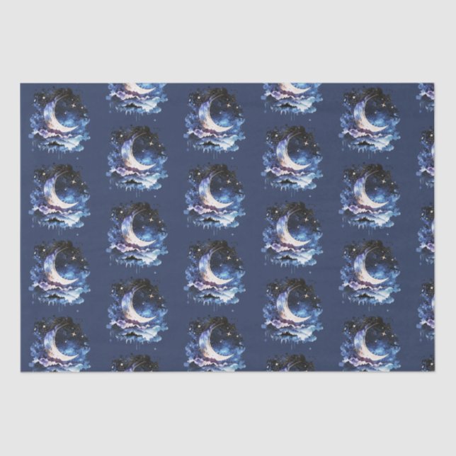 Crescent Moon Stars Celestial Blue Halloween Tissue Paper (Front)