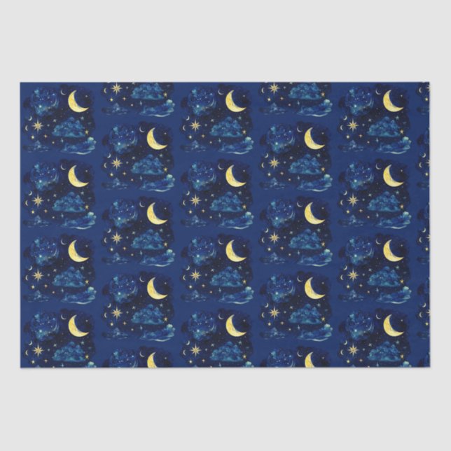 Crescent Moon Stars Celestial Blue Halloween Tissue Paper (Front)
