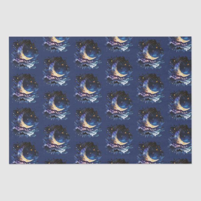 Crescent Moon Stars Celestial Blue Halloween Tissue Paper (Front)