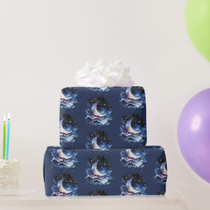 Crescent Moon Stars Celestial Blue Halloween Wrapping Paper
