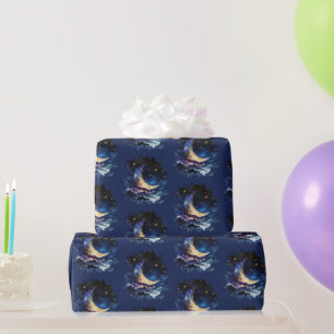 Crescent Moon Stars Celestial Blue Halloween Wrapping Paper