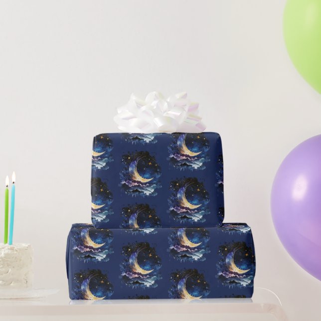 Crescent Moon Stars Celestial Blue Halloween Wrapping Paper (Party Gifts)