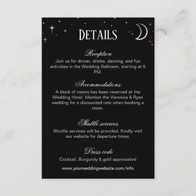 Crescent Moon & Stars Evening Wedding Details Enclosure Card (Front)