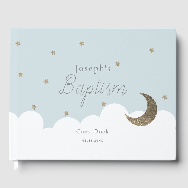 Crescent Moon & Stars Light Blue Boy Baptism Guest Book (Front)