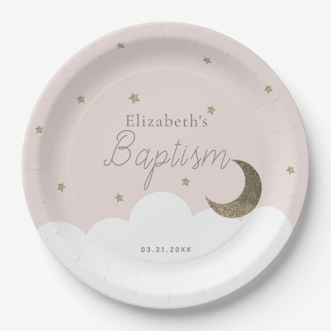 Crescent Moon & Stars Light Pink Girl Baptism Paper Plate (Front)