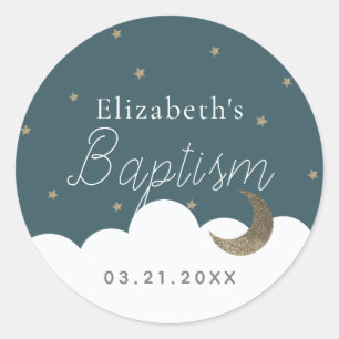 Crescent Moon & Stars Navy Blue Baptism Classic Round Sticker