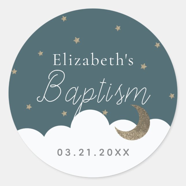 Crescent Moon & Stars Navy Blue Baptism Classic Round Sticker (Front)