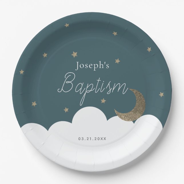 Crescent Moon & Stars Navy Blue Baptism Paper Paper Plate (Front)