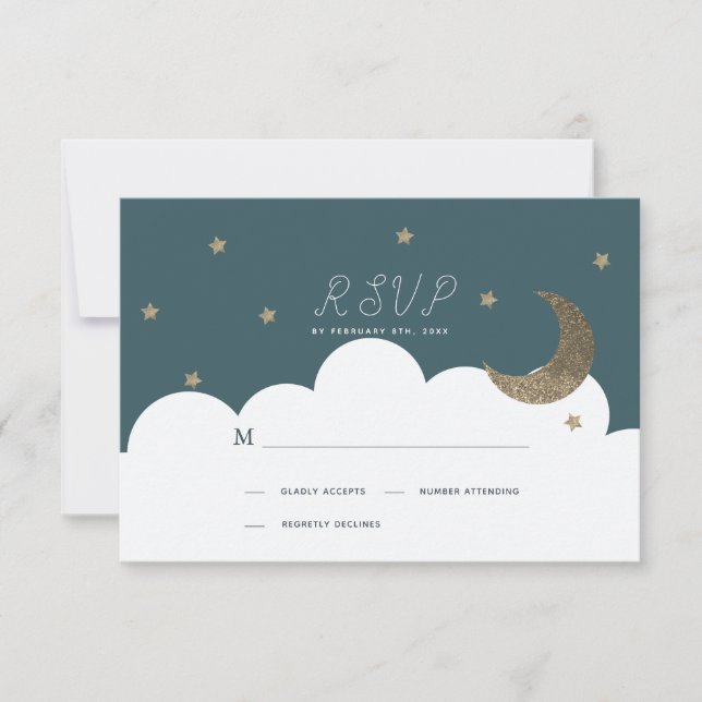 Crescent Moon & Stars Navy Blue Baptism RSVP (Front)