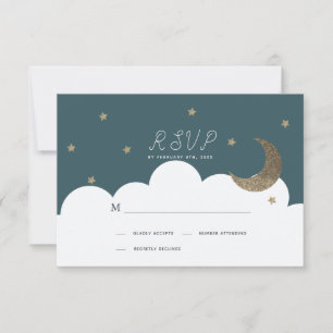 Crescent Moon & Stars Navy Blue Baptism RSVP Card