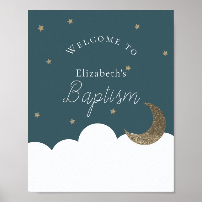 Crescent Moon Stars Navy Blue Baptism Welcome Sign (Front)