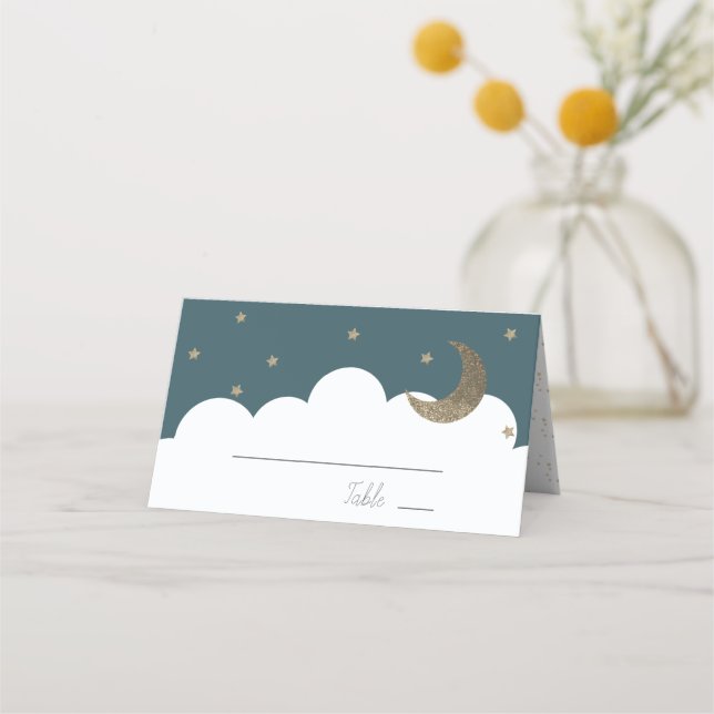 Crescent Moon & Stars Navy Blue Place Card (Front)