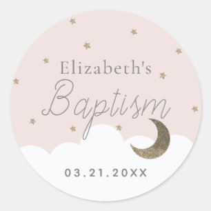 Crescent Moon & Stars Pink Girl  Baptism Classic Round Sticker