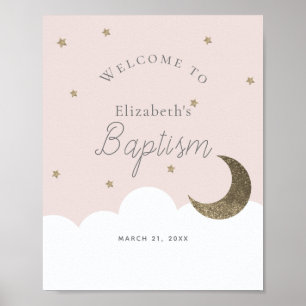 Crescent Moon Stars Pink Girl Baptism Welcome Sign