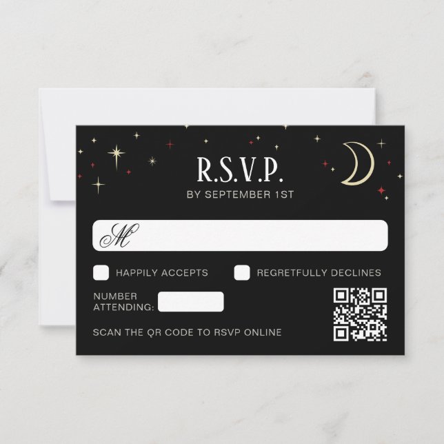 Crescent Moon Stars QR Code Wedding RSVP Card (Front)