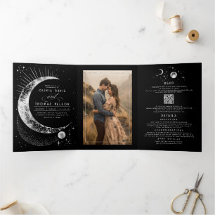 Crescent Moon Sun Halo Celestial Wedding Photo Tri-Fold Invitation